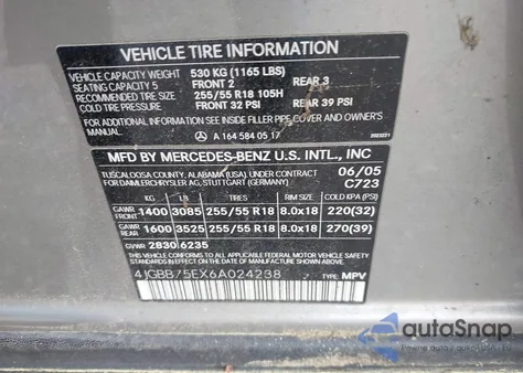 2006 Mercedes-Benz Ml 500 4Matic из США, поврежденный, VIN 4JGBB75EX6A024238